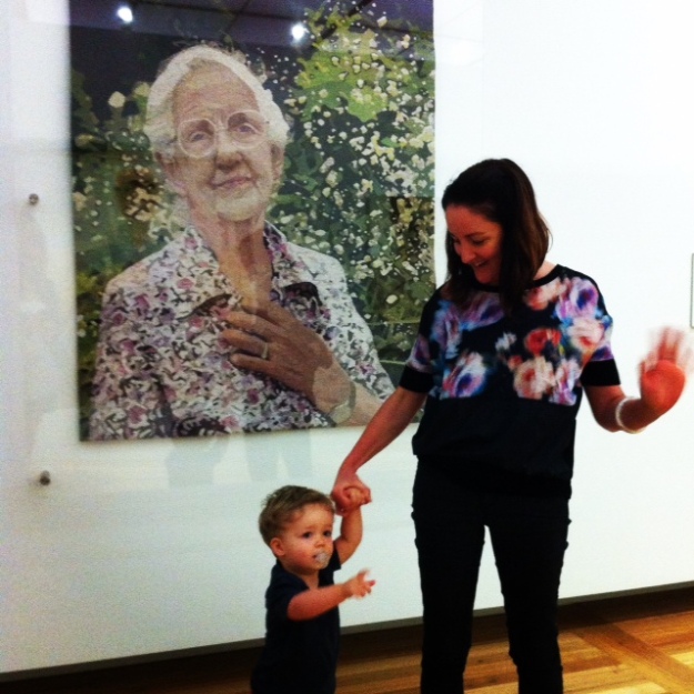 Daughter Rebecca and son, Will in front of the Dame Elisabeth Murdoch Tapestry in the Portrait Gallery, Canberra